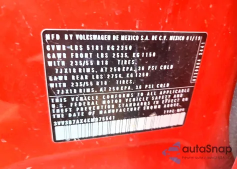 2019 Volkswagen Tiguan Se z USA, uszkodzony, nr VIN 3VV3B7AX4KM075541